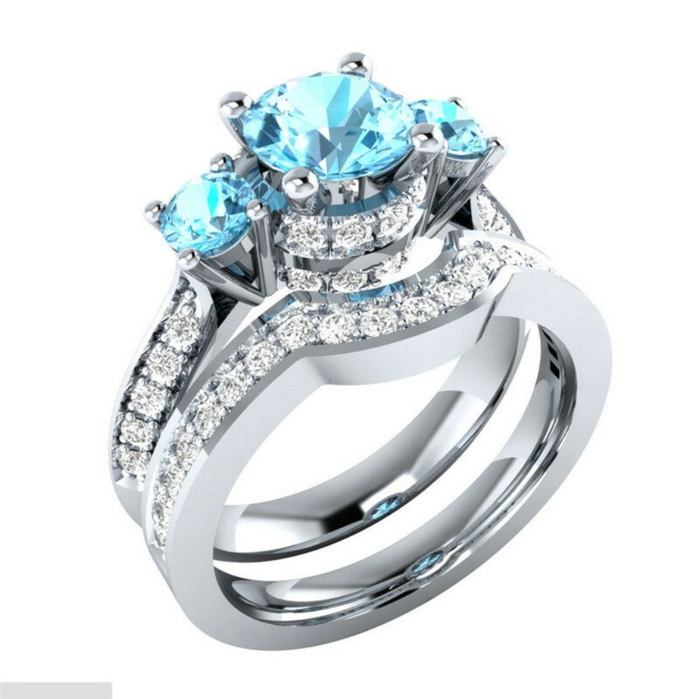 Luxury 925 Silver Round Cut Aquamarine Ring New - Picture 1 of 3